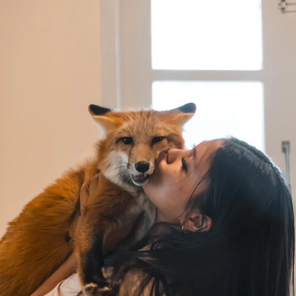 A visitor cuddling a red fox