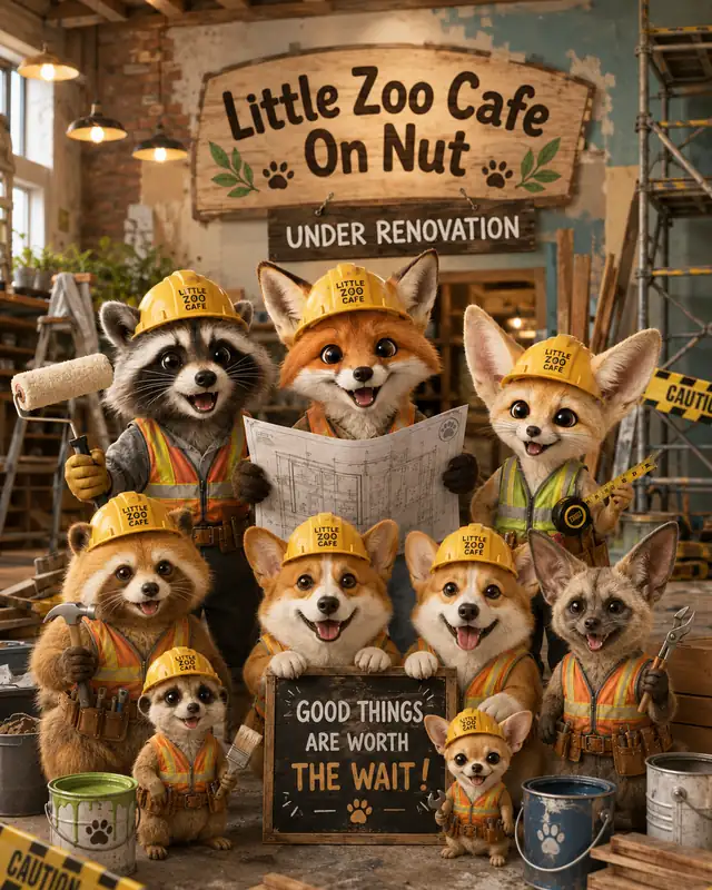 Illustration of the Little Zoo Cafe animals in construction gear — On Nut under renovation